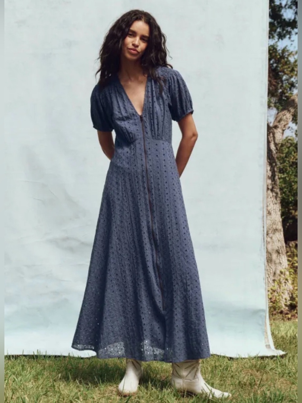 NEW THE GREAT. The Veranda Dress Eyelet Zip Front Midi Puff Sleeve Small